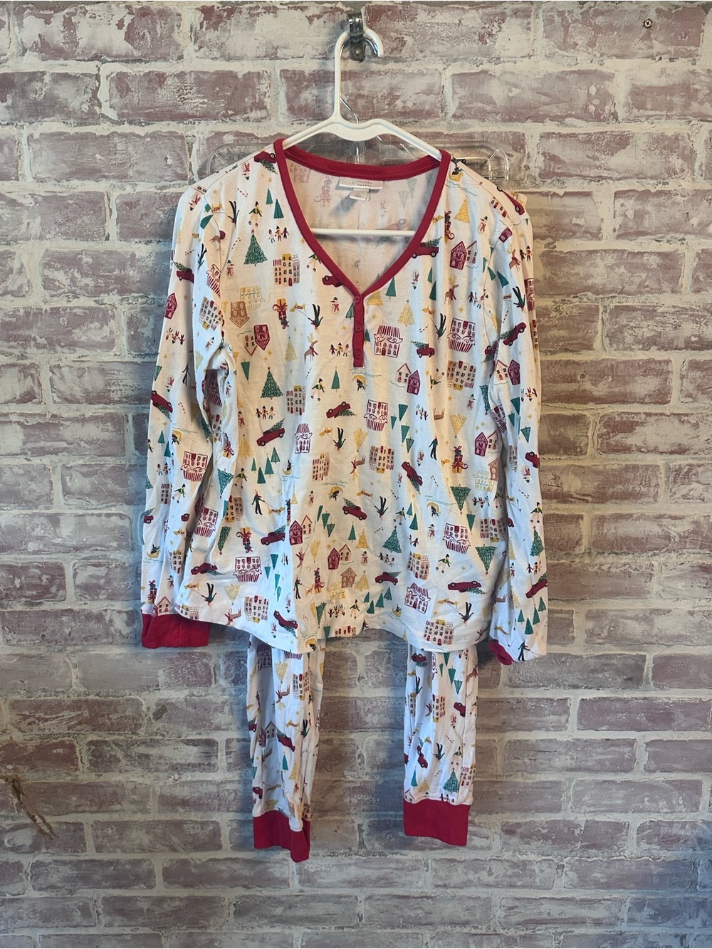 LC Lauren Conrad Cream Pajama Set with Red Trim and Holiday Village Print